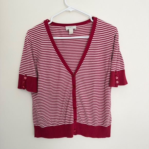 LOFT Sweaters - LOFT Red and White Striped Short Sleeve Cardigan Top, Size L